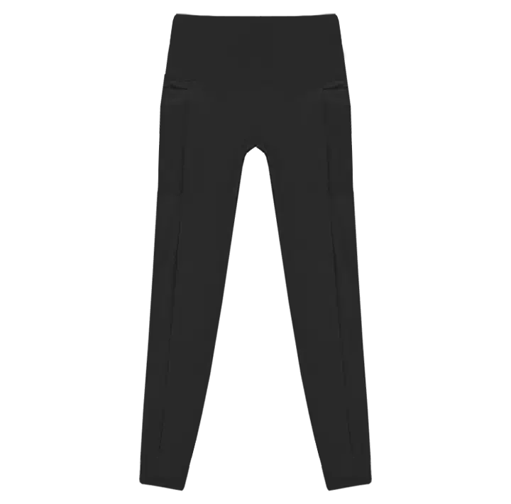 A flat lay image of the Allawah Leggings in the colour Black, showcasing side pockets and a seamless front