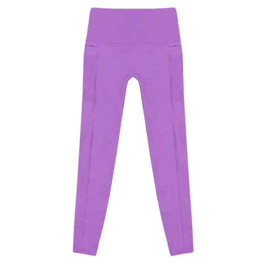 A flat lay image of the Allawah Leggings in the colour Lavender, showcasing side pockets and a seamless front