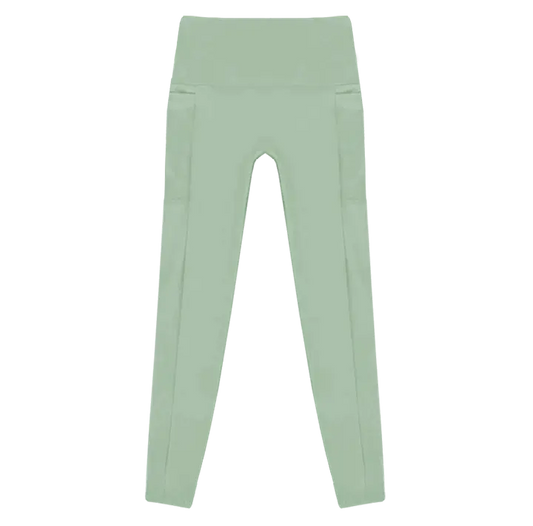 A flat lay image of the Allawah Leggings in the colour Moss, showcasing side pockets and a seamless front