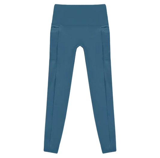 A flat lay image of the Allawah Leggings in the colour Resort, showcasing side pockets and a seamless front