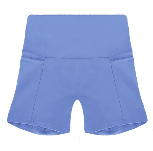 A flat lay image of the Allawah Shorts in the colour Cornflower, showcasing side pockets and a seamless front