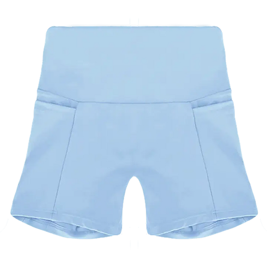 A flat lay image of the Allawah Shorts in the colour Crystal, showcasing side pockets and a seamless front